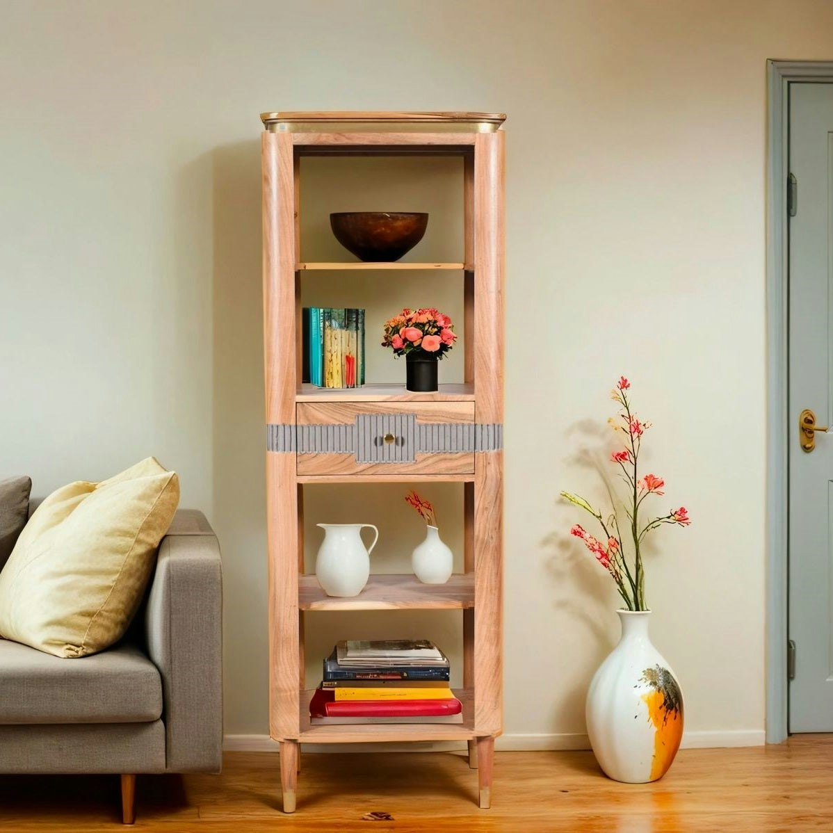Alaina Acacia Wood 1 Drawers Open Bookcase