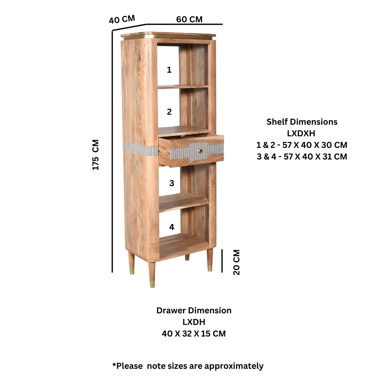 Alaina Acacia Wood 1 Drawers Open Bookcase